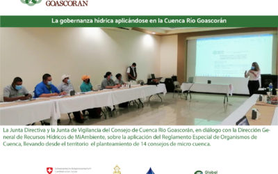 La Junta Directiva y la Junta de Vigilancia del Consejo de Cuenca Río Goascorán, en diálogo con la Dirección General de Recursos Hídricos de MiAmbiente, sobre la aplicación del Reglamento Especial de Organismos de Cuenca, llevando desde el territorio  el planteamiento de 14 consejos de micro cuenca con el apoyo de DGRH-MiAmbiente, ASOMAINCUPACO, Global Communities Honduras  y El Programa de Gestión Comunitaria de Cuencas- nuestra cuenca Goascorán Fase II, financiado por la Cooperación Suiza América Central COSUDE